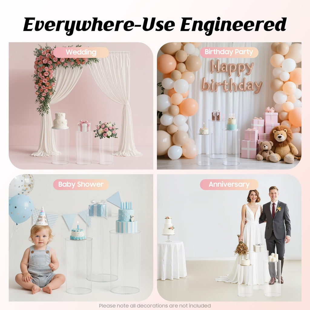 3Pcs Cylinder Pedestal Stand, PVC Acrylic Round Cylinder Stands for Party Decor 23.6 + 29.5 + 35.4 Inch Tall Cylinder Stand Pedestal Display for Birthday Wedding Party, White