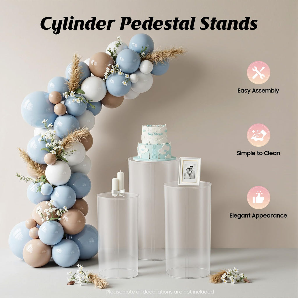 3Pcs Cylinder Pedestal Stand, PVC Acrylic Round Cylinder Stands for Party Decor 23.6 + 29.5 + 35.4 Inch Tall Cylinder Stand Pedestal Display for Birthday Wedding Party, White
