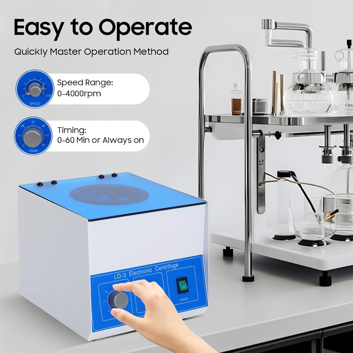 Electric Lab Centrifuge, 110V Mini Benchtop Centrifuge Machine 6x50 ml, with 0-60 min Timing Function and Adjustable 0-4000 r/min Speed