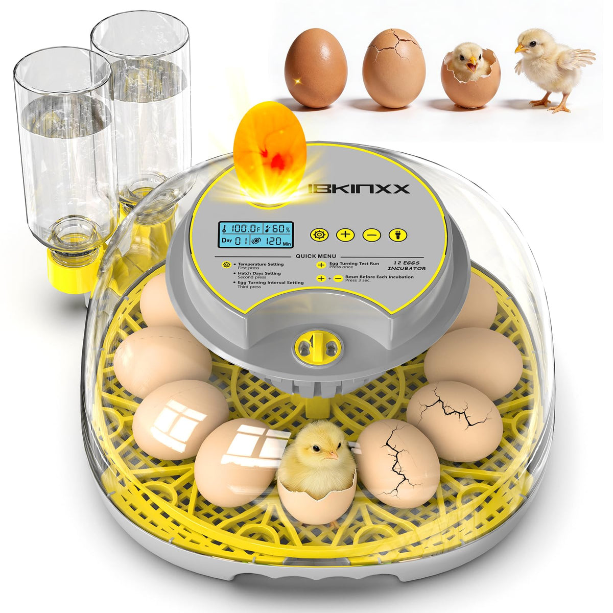 IBKINXX Incubator for Hatching Eggs-48 Egg Capacity, 2026 Newly Upraded Auto Egg Turner & Auto Precision Humidity Control System, 360Â° Clear Viewing for Chicken, Duck and Quail Eggs (Yellow)