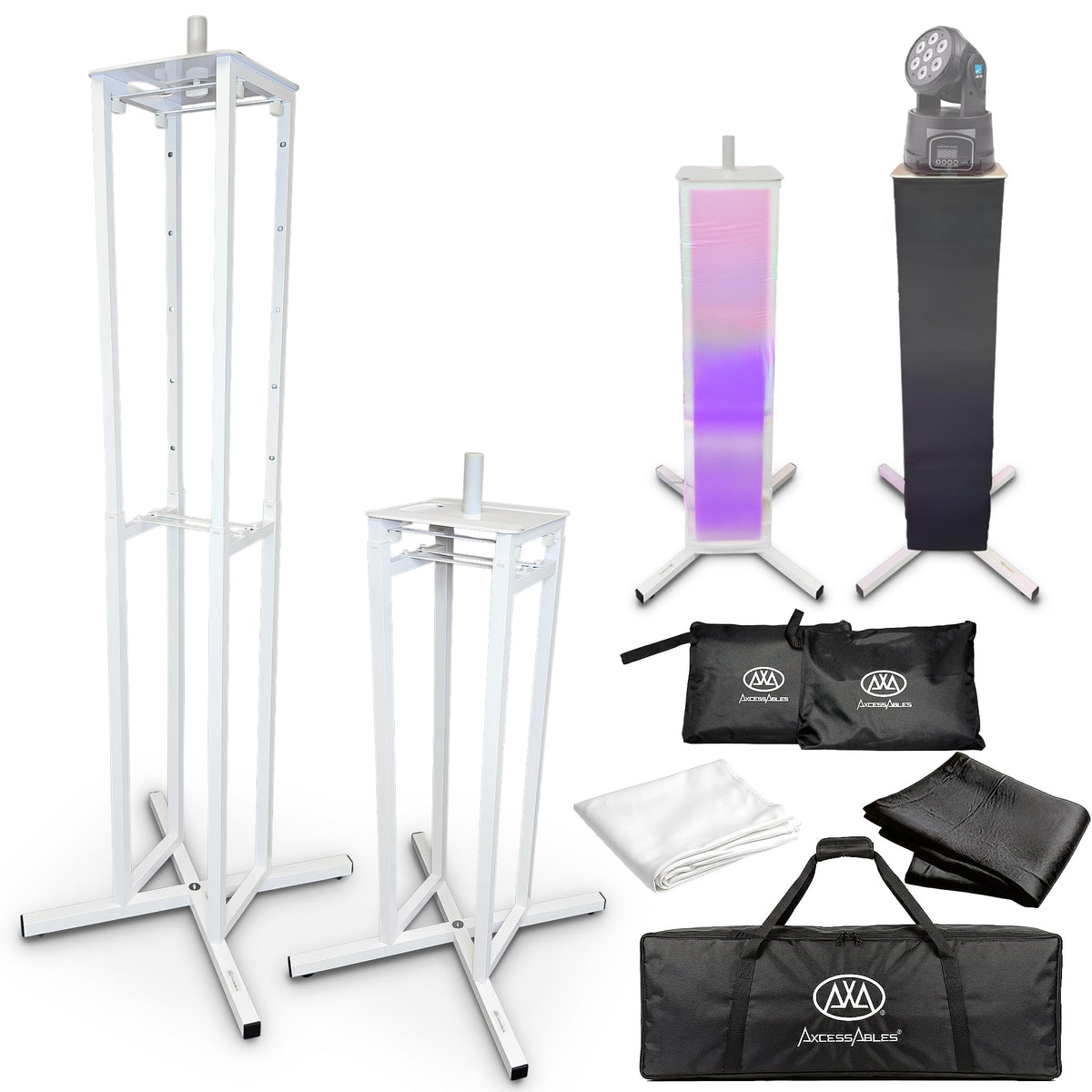 AxcessAble Two (2) Moving Head Light Black Stands with White/Black Scrims, Portable DJ Lighting Stands with Carrying Bag and EVA Pads â Adjustable Height Up to 70.5" (2-Stand Pack)