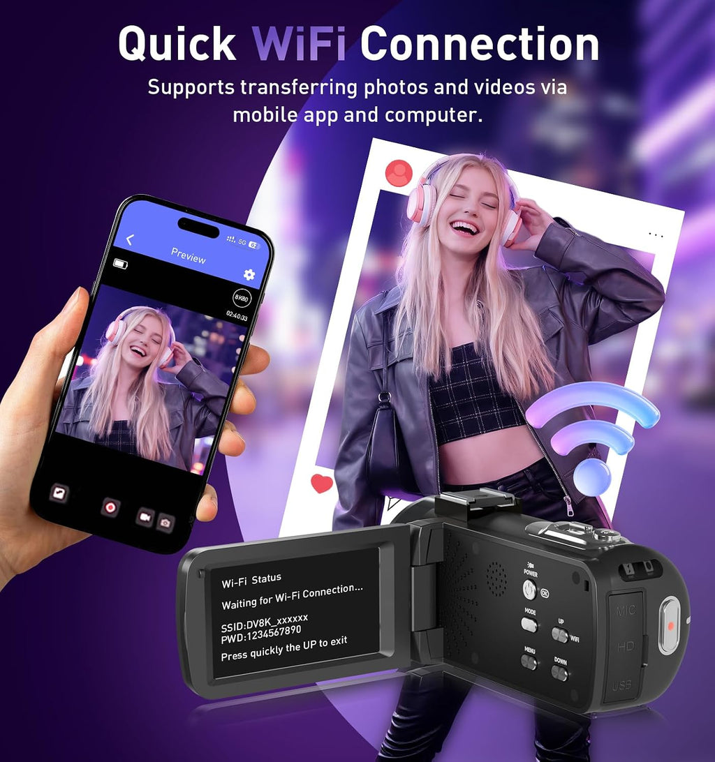 8K Video Camera Camcorder, 80MP AutoFocus WiFi Vlogging Camera for YouTube