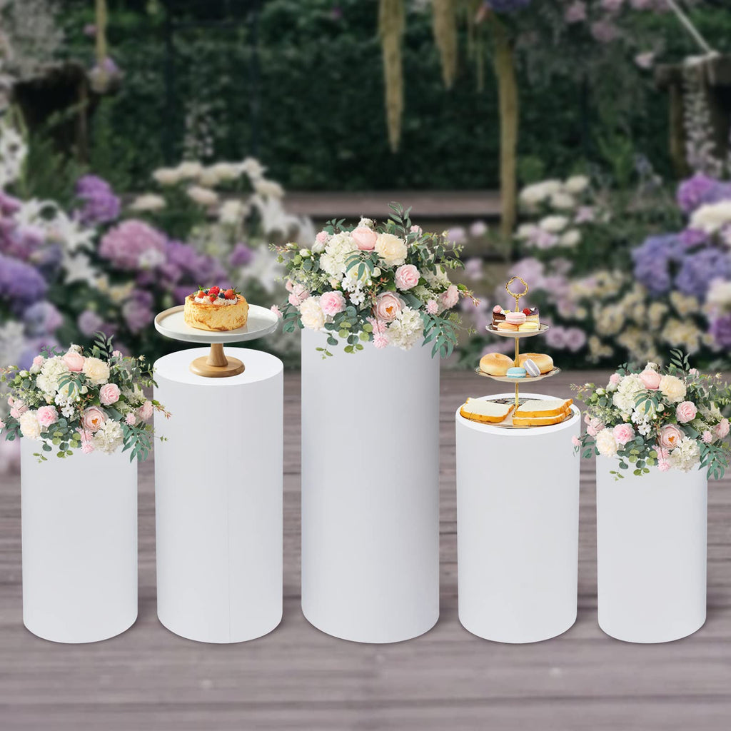 3Pcs Cylinder Pedestal Stand, PVC Acrylic Round Cylinder Stands for Party Decor 23.6 + 29.5 + 35.4 Inch Tall Cylinder Stand Pedestal Display for Birthday Wedding Party, White