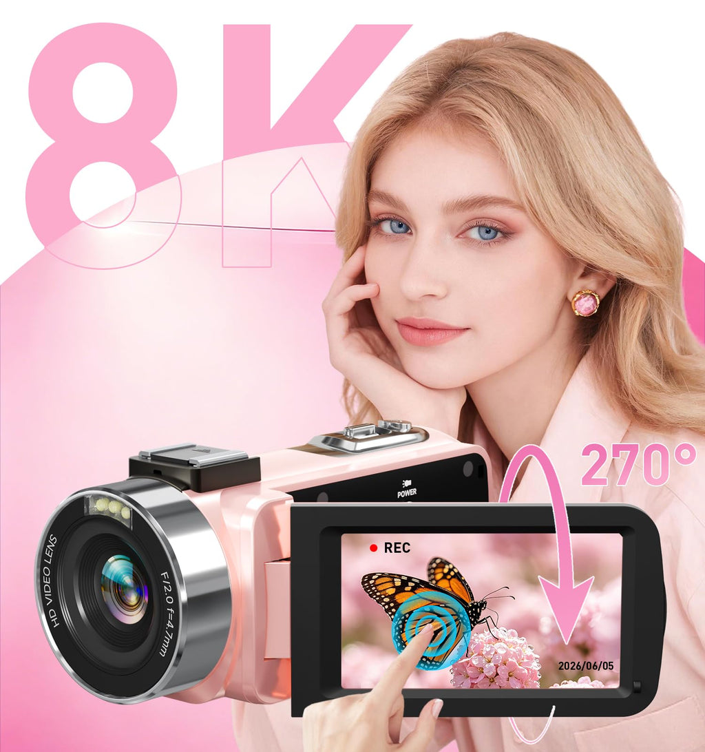8K Video Camera Camcorder, 80MP AutoFocus WiFi Vlogging Camera for YouTube