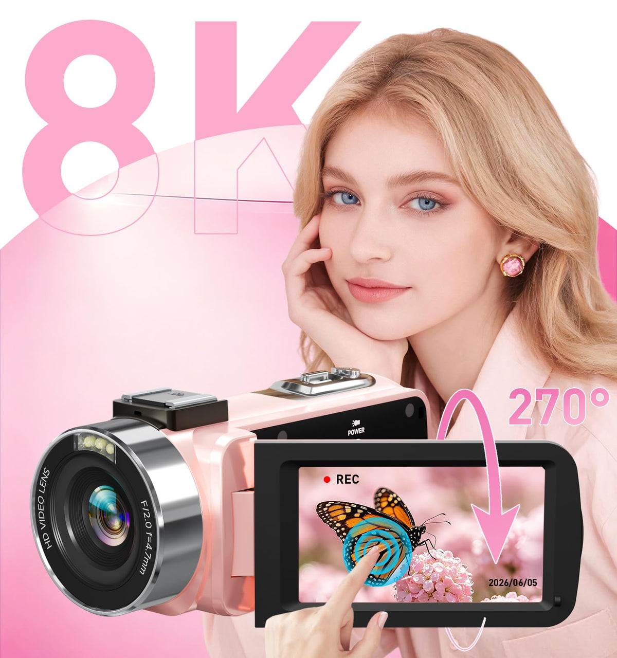 8K Video Camera Camcorder, 80MP AutoFocus WiFi Vlogging Camera for YouTube