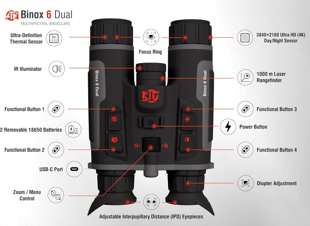 ATN Binox 6 Dual Thermal Imaging Binoculars, 640x512, Laser Rangefinder