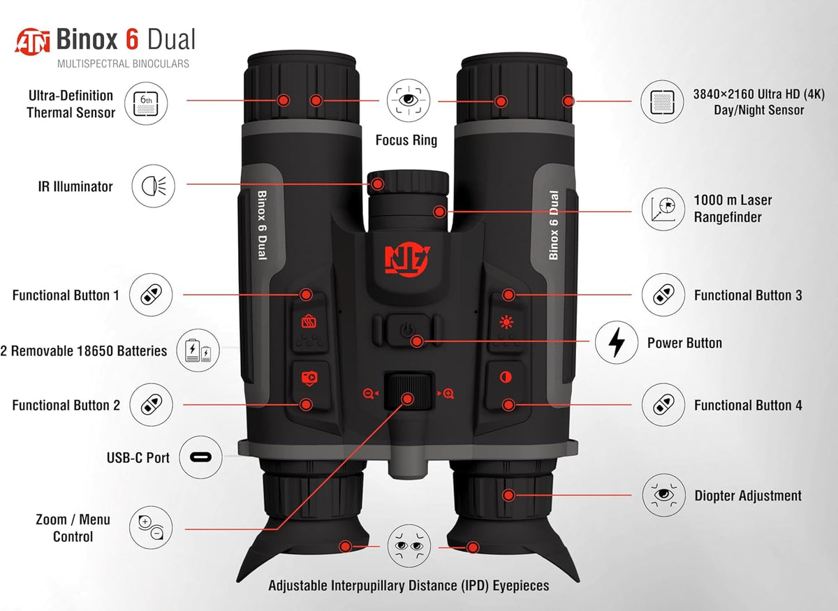 ATN Binox 6 Dual Thermal Imaging Binoculars, 640x512, Laser Rangefinder