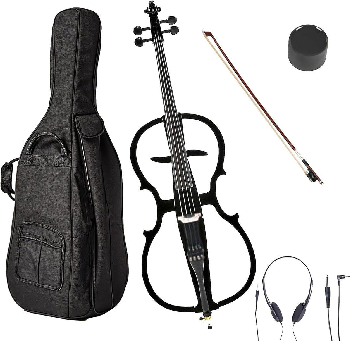 Electric Cello 4/4 Full Size Ebony Fittings with Lightweight Cello Bag, Headphones, Bow, Bridge, Rosin, Cello for Beginners Adults(Metallic Black)