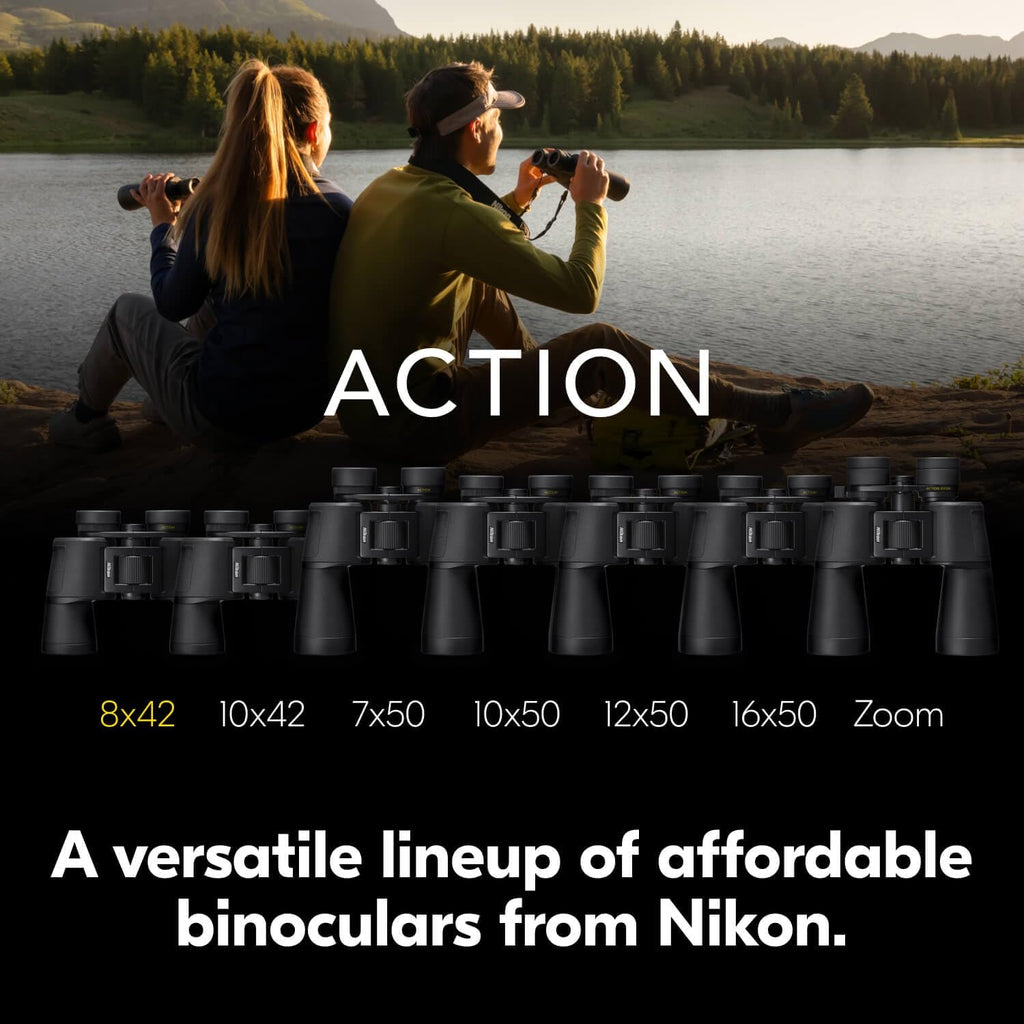 Nikon Action 8x42 Binocular | Multilayer-Coated Nikon Optics, Bright, Wide View, 8X Power, Turn-and-Slide Adjustable eyecups and Tripod-Ready Porro-Prism Design