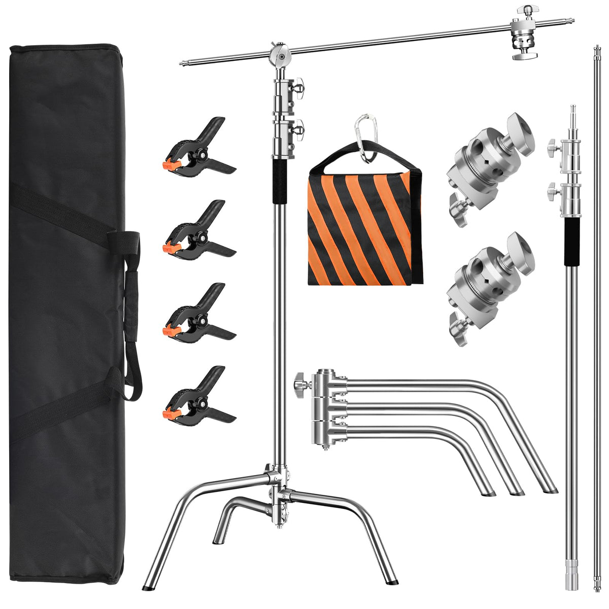 2 Pack Stainless Steel Photography Light Stand 6.9ft/210cm with Holding Arm Sandbag Grip Head Heavy Duty C Stand Sturdy for Photography Studio Video Monolight Softbox Shooting?Black?