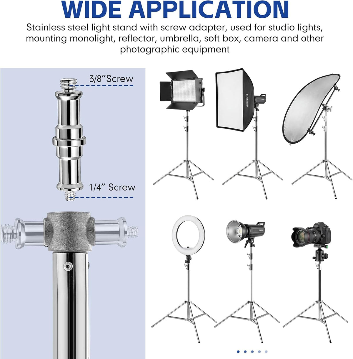Tellegloww 4 Pack 9.2 FT Stainless Steel Light Stand Photography with 1/4â to 3/8â Screw Adapter Heavy Duty Photography Tripod Lights Stand for Strobe LED Video Lights Ring Light Monolight Softbox