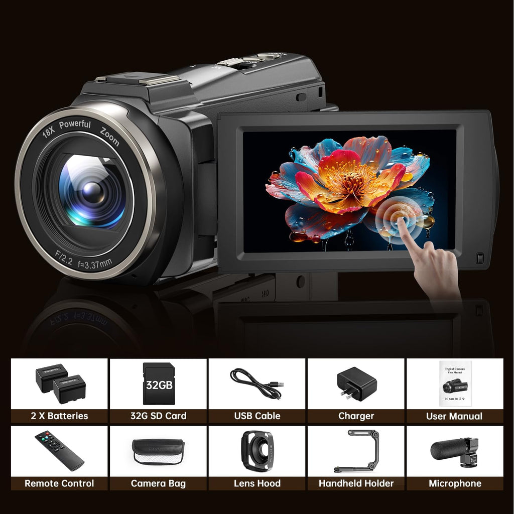 8K Video Camera Camcorder 88MP UHD WiFi Vlogging Cameras for YouTube 18X Digital Zoom IR Night Vision 3.0''Touch Screen Camera with 32GB Card, Microphone, Stabilizer, Lens Hood, Remote, Batteries