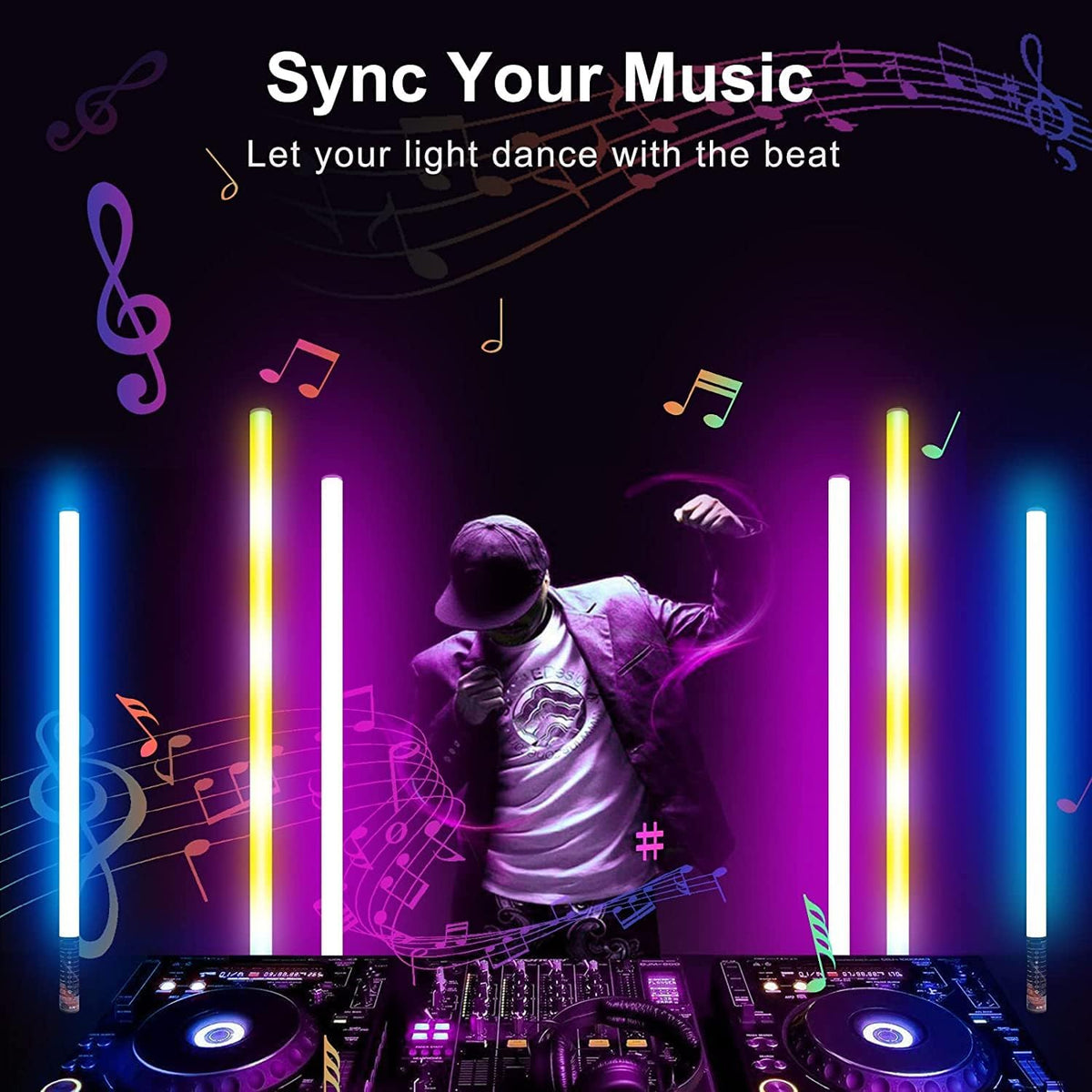 LUXCEO 4Pack RGB Tube Light Bar with Light Stand, Battery Powered LED Video Light Wand Stick with Remote Control for DJ Lighting, Dance Club and Photography Lighting (3Ft)