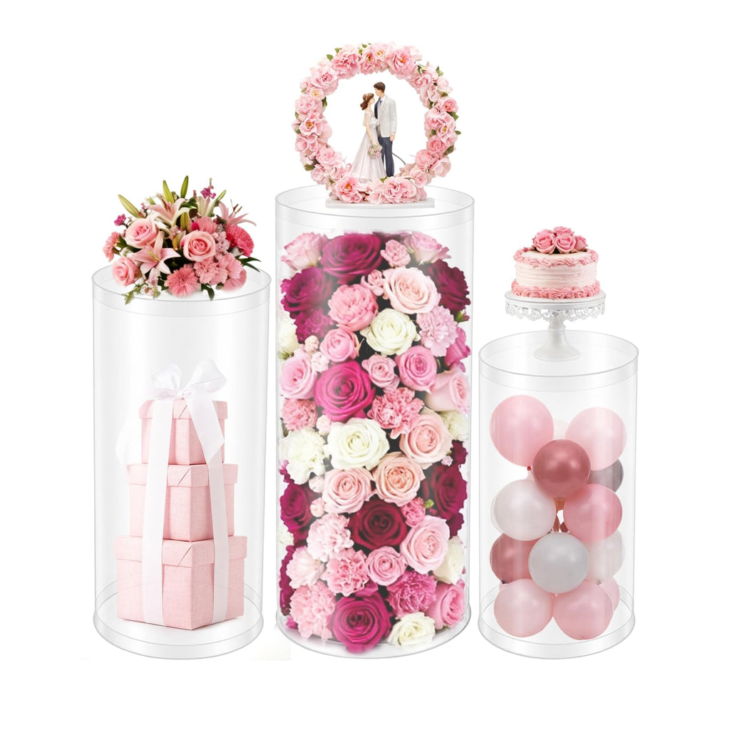 3Pcs Cylinder Pedestal Stand, PVC Acrylic Round Cylinder Stands for Party Decor 23.6 + 29.5 + 35.4 Inch Tall Cylinder Stand Pedestal Display for Birthday Wedding Party, White