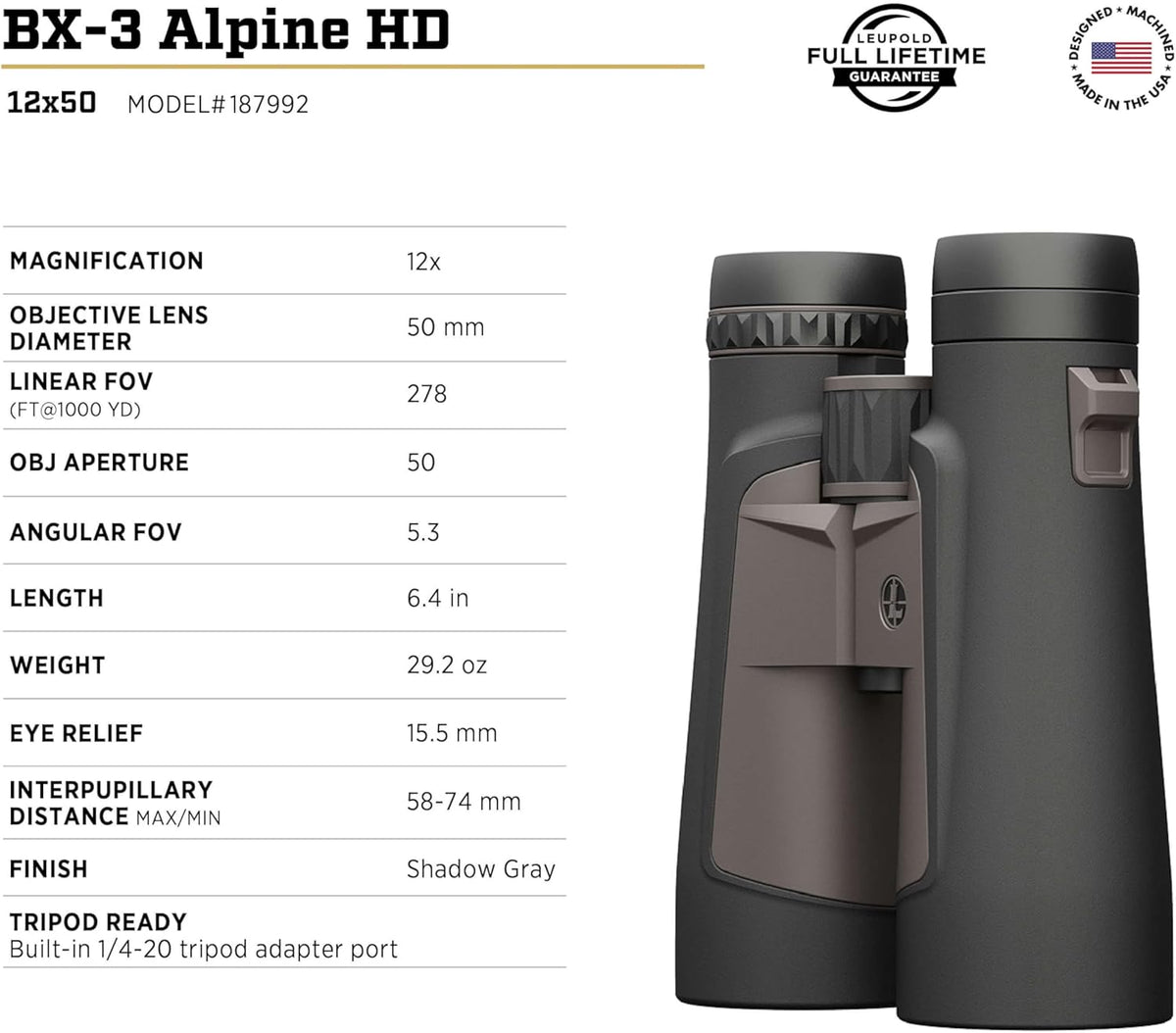 Leupold BX-3 Alpine HD Binoculars, 12x50mm (187992)