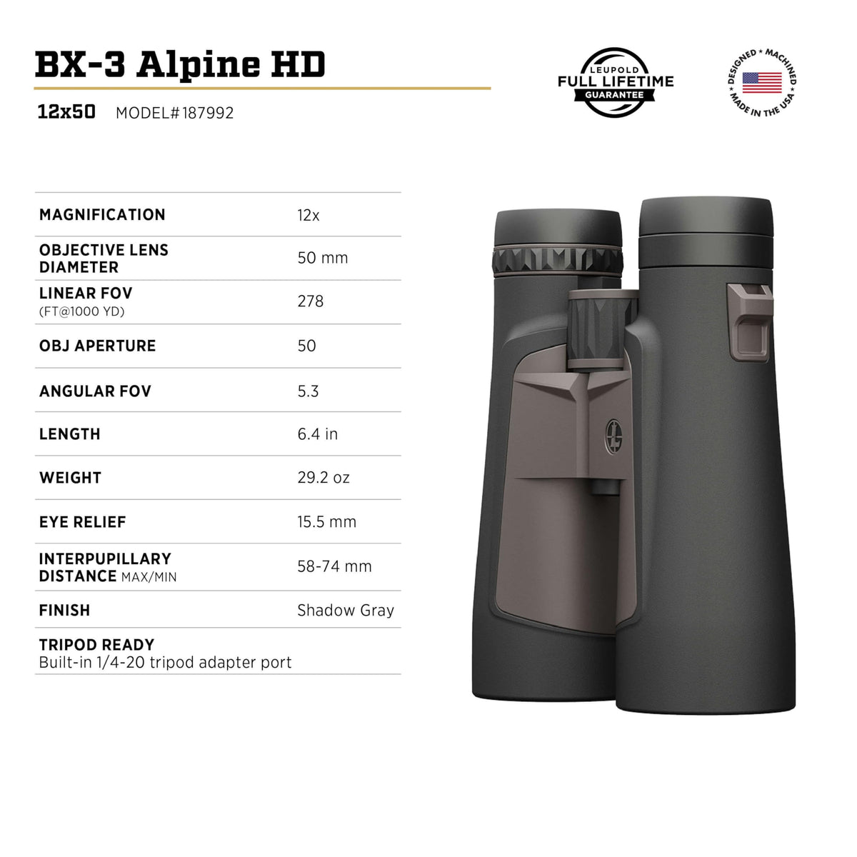 Leupold BX-3 Alpine HD Binoculars, 12x50mm (187992)