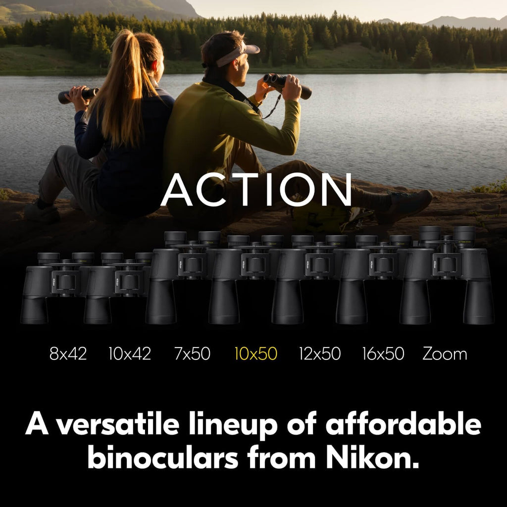 Nikon ACTION10x50 Binocular | Multilayer-Coated Nikon Optics, Bright 50mm Objective Lenses, 10x Power, Turn-and-Slide Adjustable eyecups and Tripod-Ready Porro-Prism Design