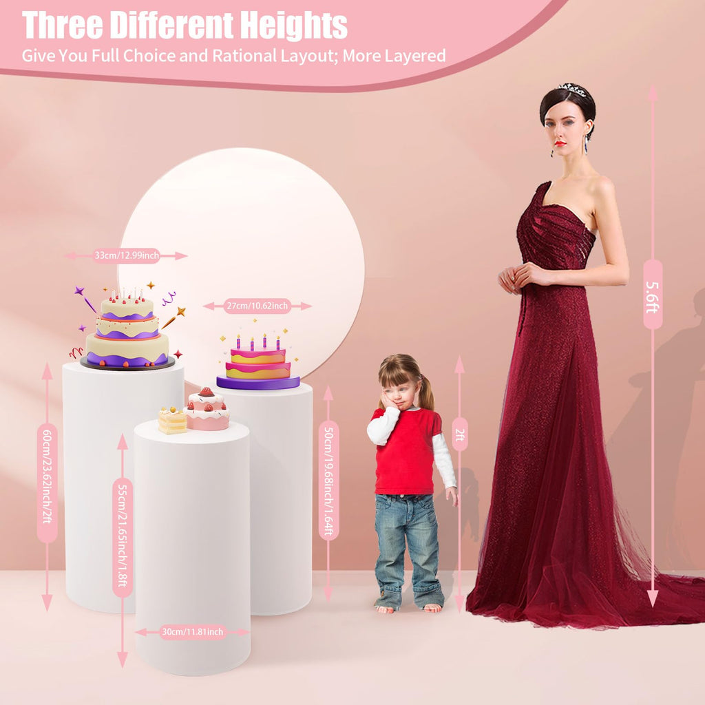 3Pcs Cylinder Pedestal Stand, PVC Acrylic Round Cylinder Stands for Party Decor 23.6 + 29.5 + 35.4 Inch Tall Cylinder Stand Pedestal Display for Birthday Wedding Party, White