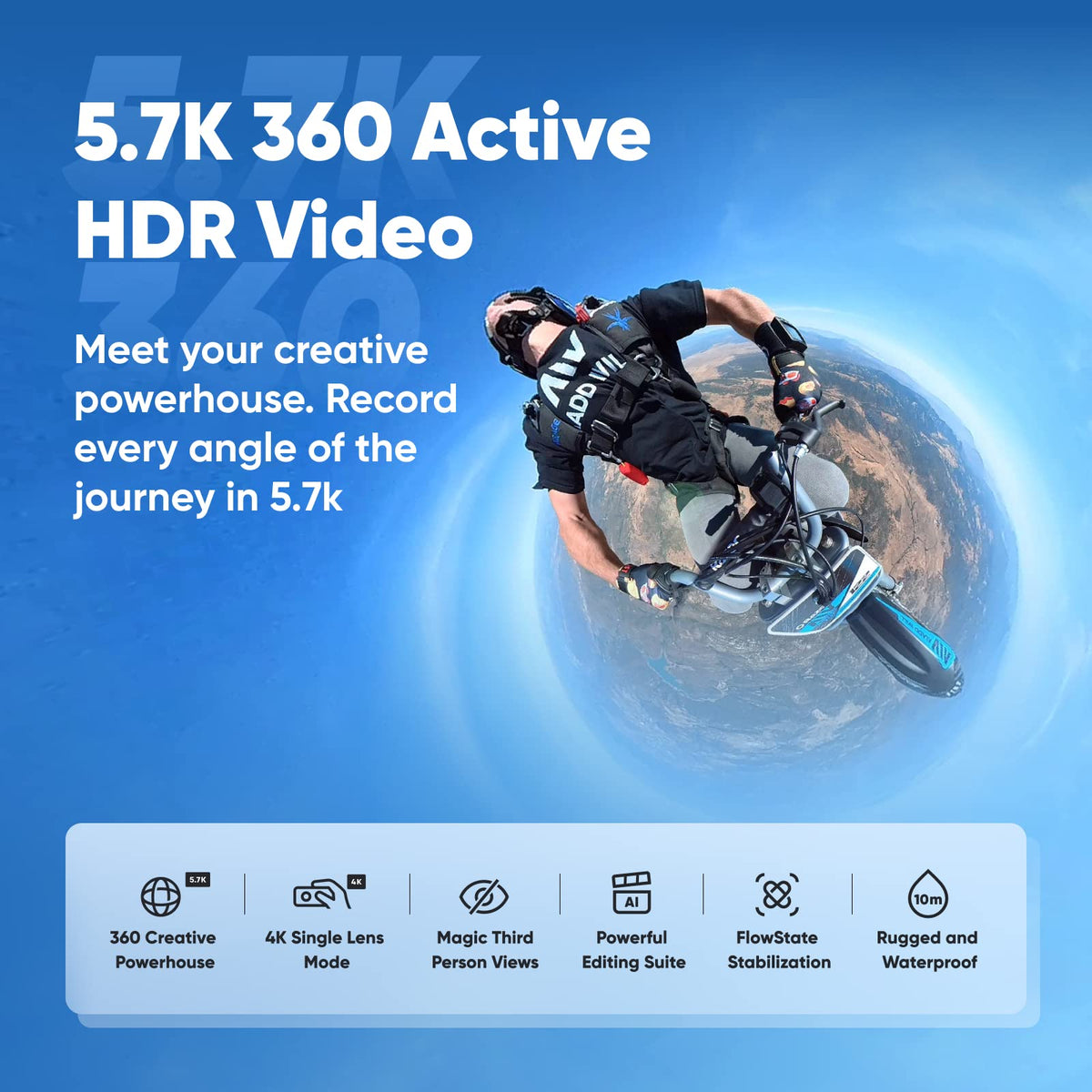 Insta360 X3, 360 Action Camera with 5.7K 360 Active HDR Video, 4K Single-Lens Camera, Waterproof, FlowState Stabilization, 2.29" Touchscreen, AI Editing, for Motorcycle, Wintersports and Vlogging
