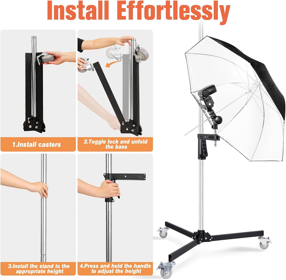Heavy Duty Light Stand with Casters, Wheeled Photography Pistol Grip Stand with 2 Grips, 8.5FT Adjustable Steel Light Stand with 1/4" 3/8â 5/8" Screw for Studio Camera, Monolight, Softbox, Umbrella