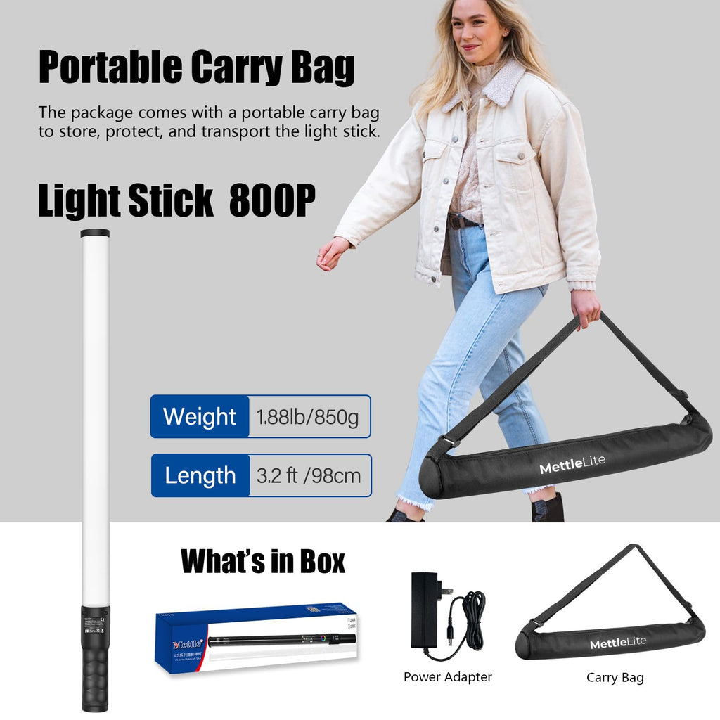 Mettlelite LS800C RGB LED Light Stick Full Color Continuous Output Video Light 3.2 ft with APP Control 2800K-8000K CRI96 TLCI 97 RGB CCT HSI Light Effects Built in Rechargeable Battery