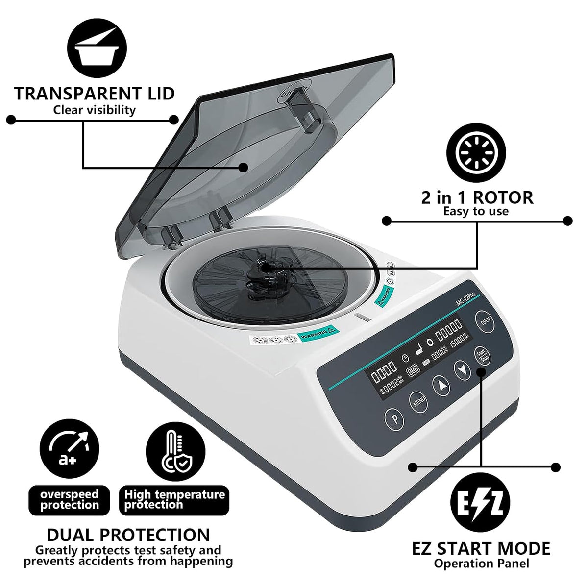Digital Centrifuge Machine, 12000rpm High Speed Glass Tube (12x40mm) Lab Benchtop Centrifuges w/Over Temperature Protection for 0.2/0.5/1.5/2ml with Tubes(Max. 9660xg)
