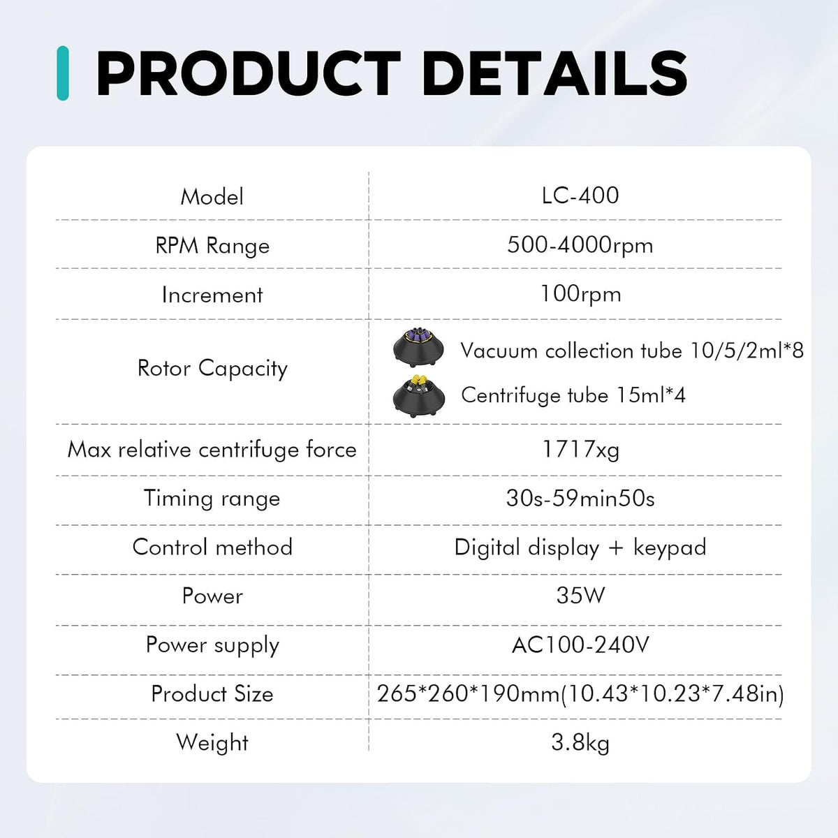 LAB FISH LC-400 Digital PRP Centrifuge, 4x15ml & 8x2/5/10ml Tubes