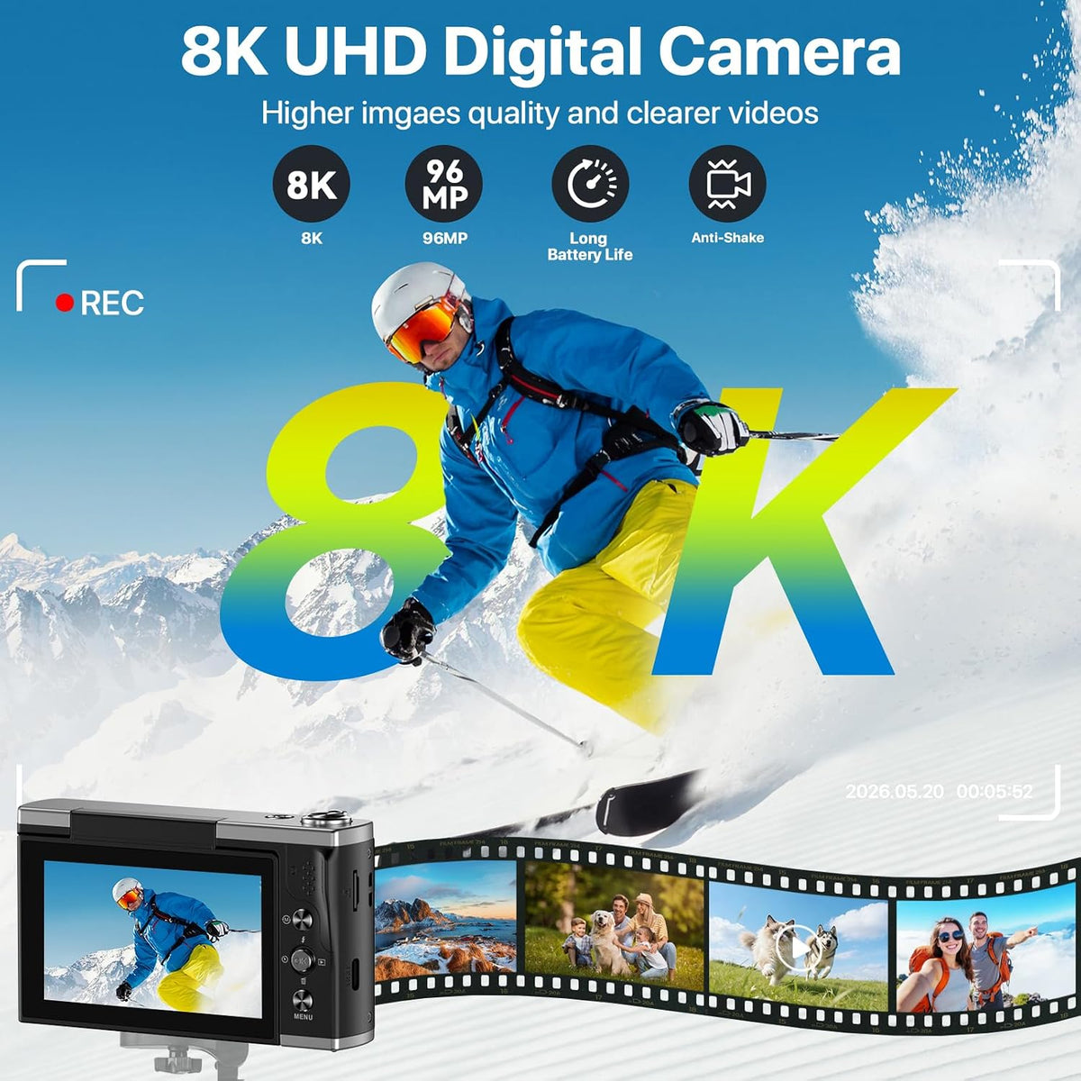 8K Digital Camera for Photography with WiFi 96MP Autofocus Vlogging Camera for YouTube Video 3.5'' 180Â°Flip Screen 20X Zoom Anti-Shake Compact Point and Shoot Cameras for Beginner Creator with SD Card