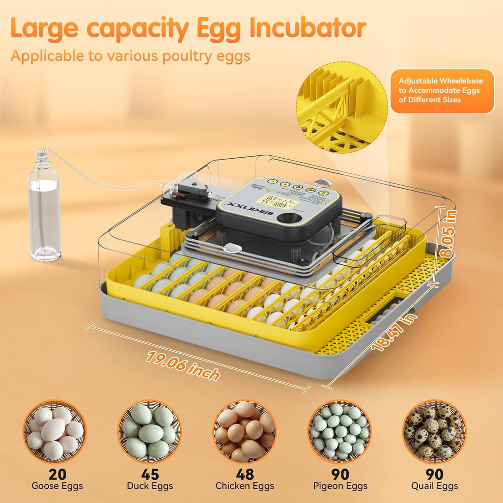 IBKINXX Incubator for Hatching Eggs-48 Egg Capacity, 2026 Newly Upraded Auto Egg Turner & Auto Precision Humidity Control System, 360Â° Clear Viewing for Chicken, Duck and Quail Eggs (Yellow)