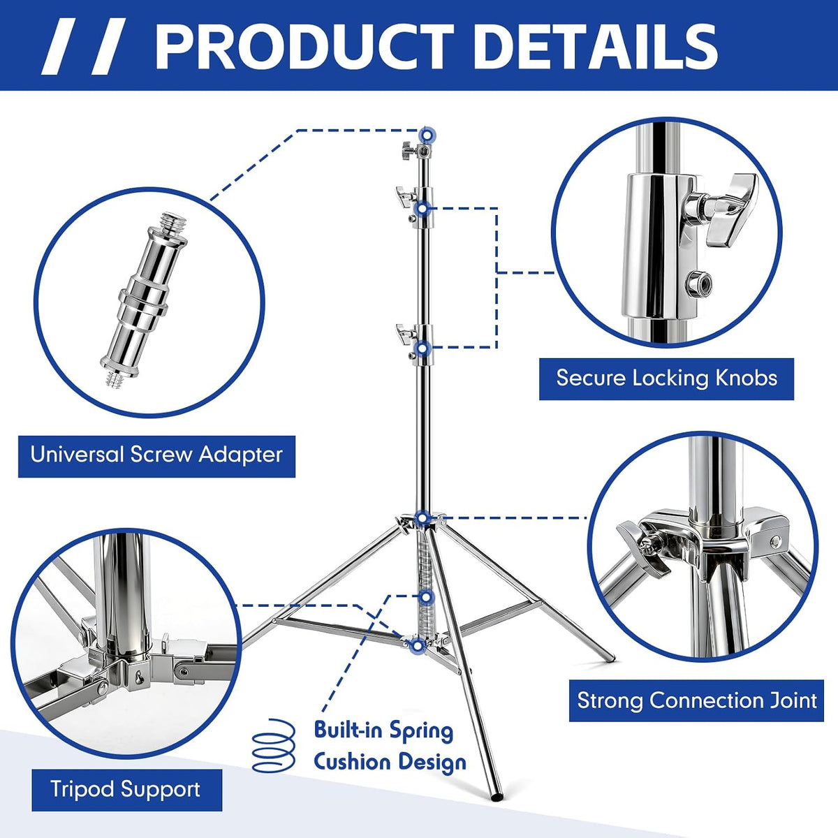 Tellegloww 4 Pack 9.2 FT Stainless Steel Light Stand Photography with 1/4â to 3/8â Screw Adapter Heavy Duty Photography Tripod Lights Stand for Strobe LED Video Lights Ring Light Monolight Softbox