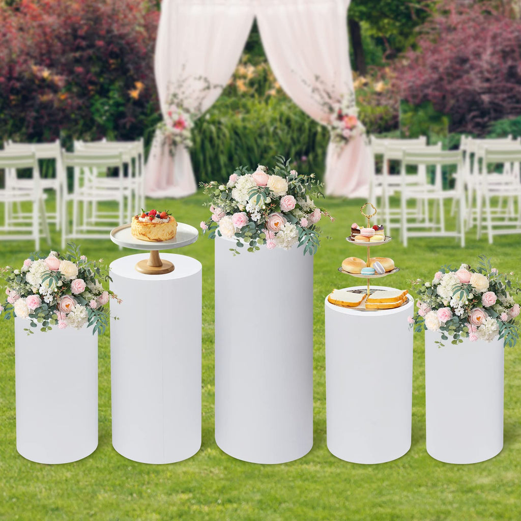 3Pcs Cylinder Pedestal Stand, PVC Acrylic Round Cylinder Stands for Party Decor 23.6 + 29.5 + 35.4 Inch Tall Cylinder Stand Pedestal Display for Birthday Wedding Party, White