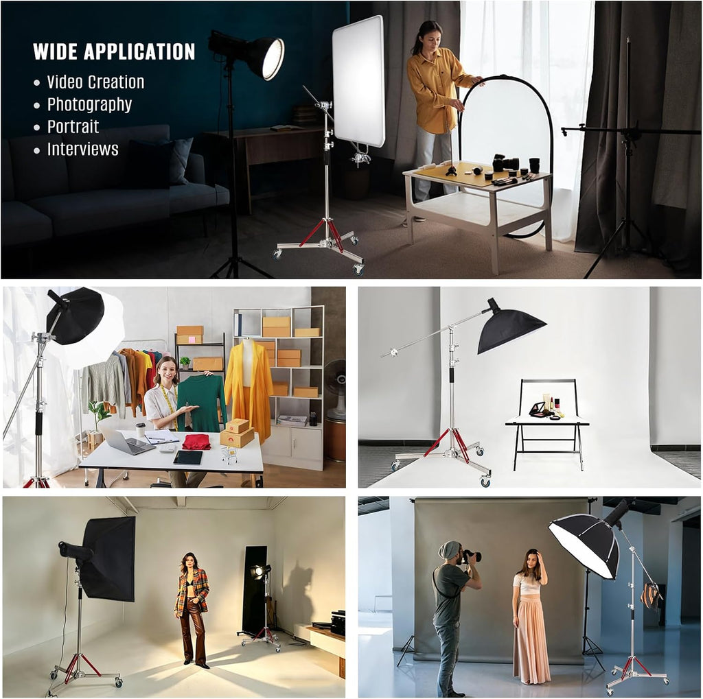 Heavy Duty Stand with Boom Arm & Casters, 10.17ft/310cm Stainless Steel Photography Light Stand Kit with Extension Arm, 2 Grip Heads, Sandbag for Studio Lighting, Monolight, Softbox
