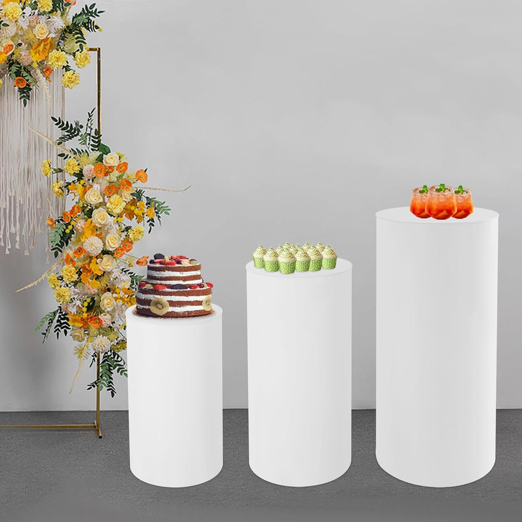 3Pcs Cylinder Pedestal Stand, PVC Acrylic Round Cylinder Stands for Party Decor 23.6 + 29.5 + 35.4 Inch Tall Cylinder Stand Pedestal Display for Birthday Wedding Party, White