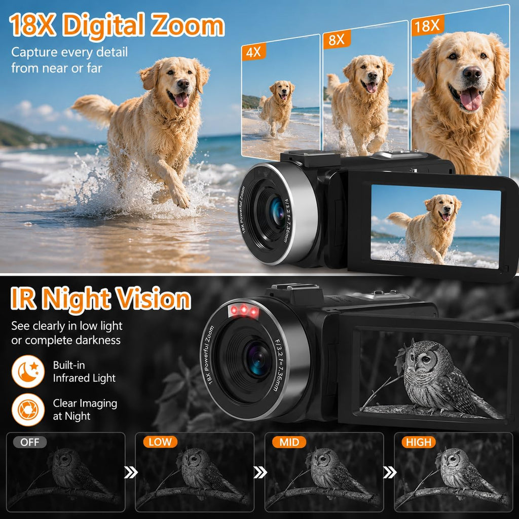 8K Video Camera, 48MP Vlogging Camcorder With IR Night Vision for Youtubers