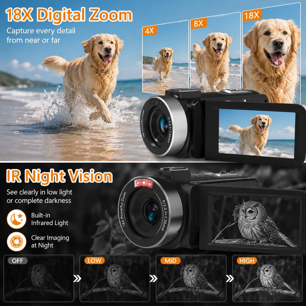 8K Video Camera, 48MP Vlogging Camcorder With IR Night Vision for Youtubers