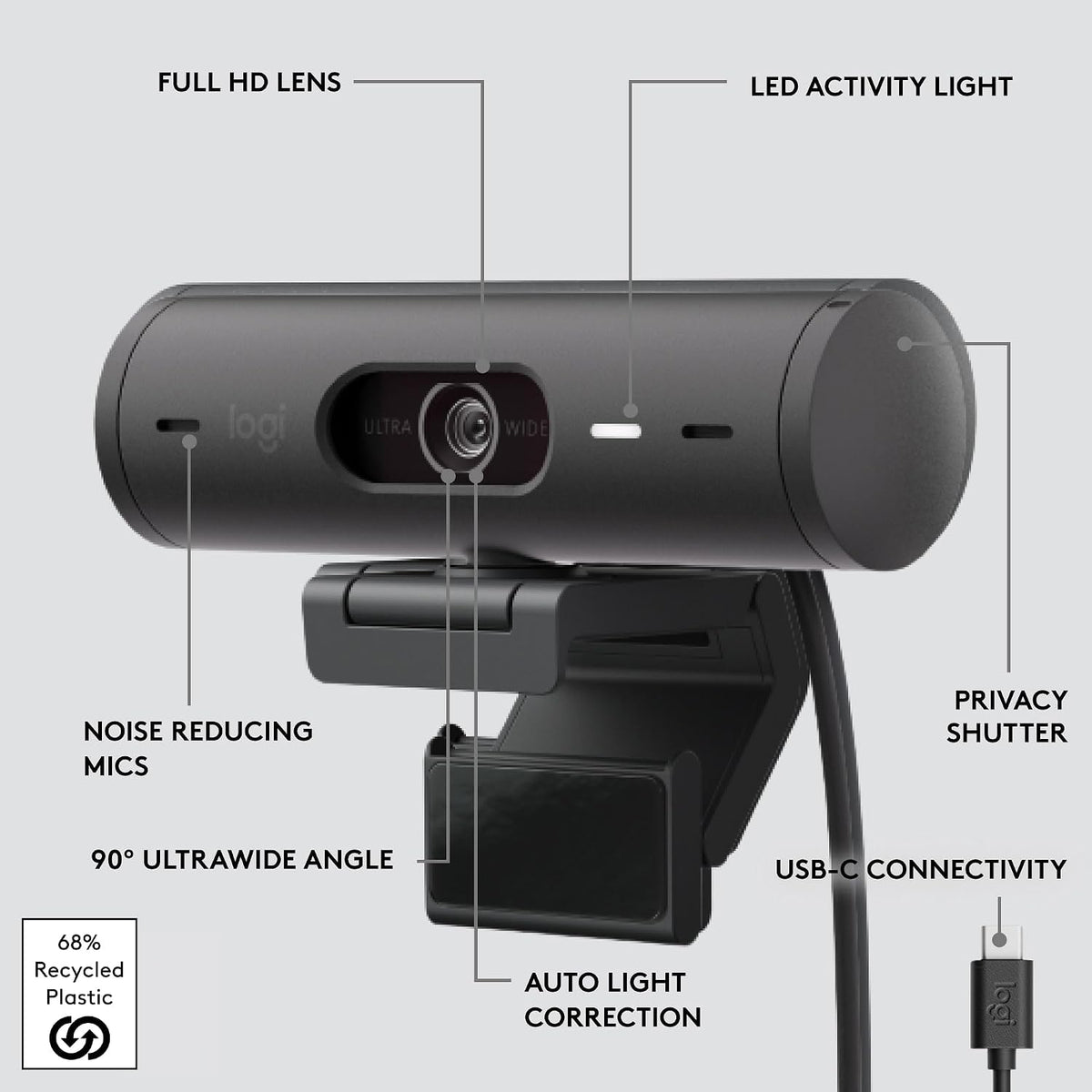 Logitech Brio 501 Full HD Webcam Auto Light Correction Show Mode - Black