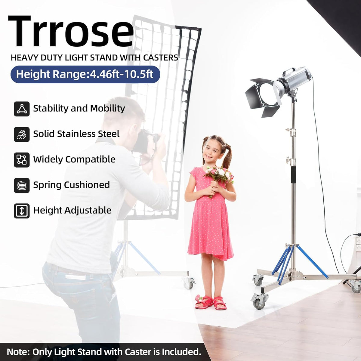 Heavy Duty Light Stand with Caster - 10.5ft/320cm Adjustable Light Stand with Stainless Steel, High Stability and Mobility Light Stand Photography for Strobe Light, Softbox, Reflector