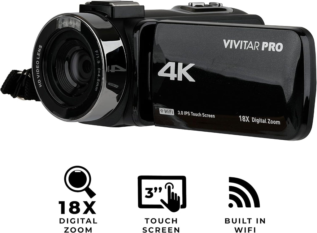 Vivitar 4K Video Camera, Wi-Fi Ultra HD Camcorder with 18x Digital Zoom, 3â IPS Touchscreen Video Recorder with Night Vision, Vlogging Camera with 3.5mm Microphone Jack, Rechargeable, SD Card Slot