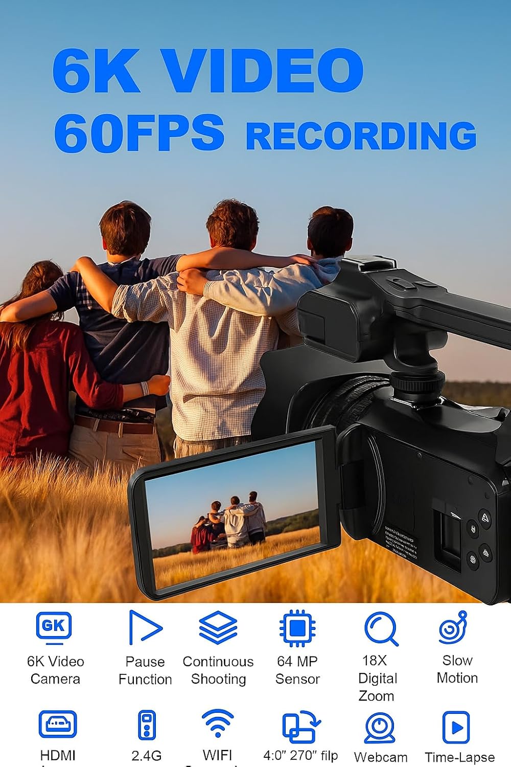 Acuvar 4K/6K Video Camera Camcorder â 64MP Vlogging Camera for YouTube, 60FPS, 18X Zoom â with Mic, LED Light, Tripod & 2Ã64GB Cards â WiFi, Webcam Bundle