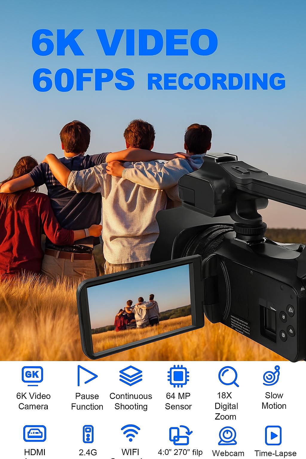 Acuvar 4K/6K Video Camera Camcorder â 64MP Vlogging Camera for YouTube, 60FPS, 18X Zoom â with Mic, LED Light, Tripod & 2Ã64GB Cards â WiFi, Webcam Bundle