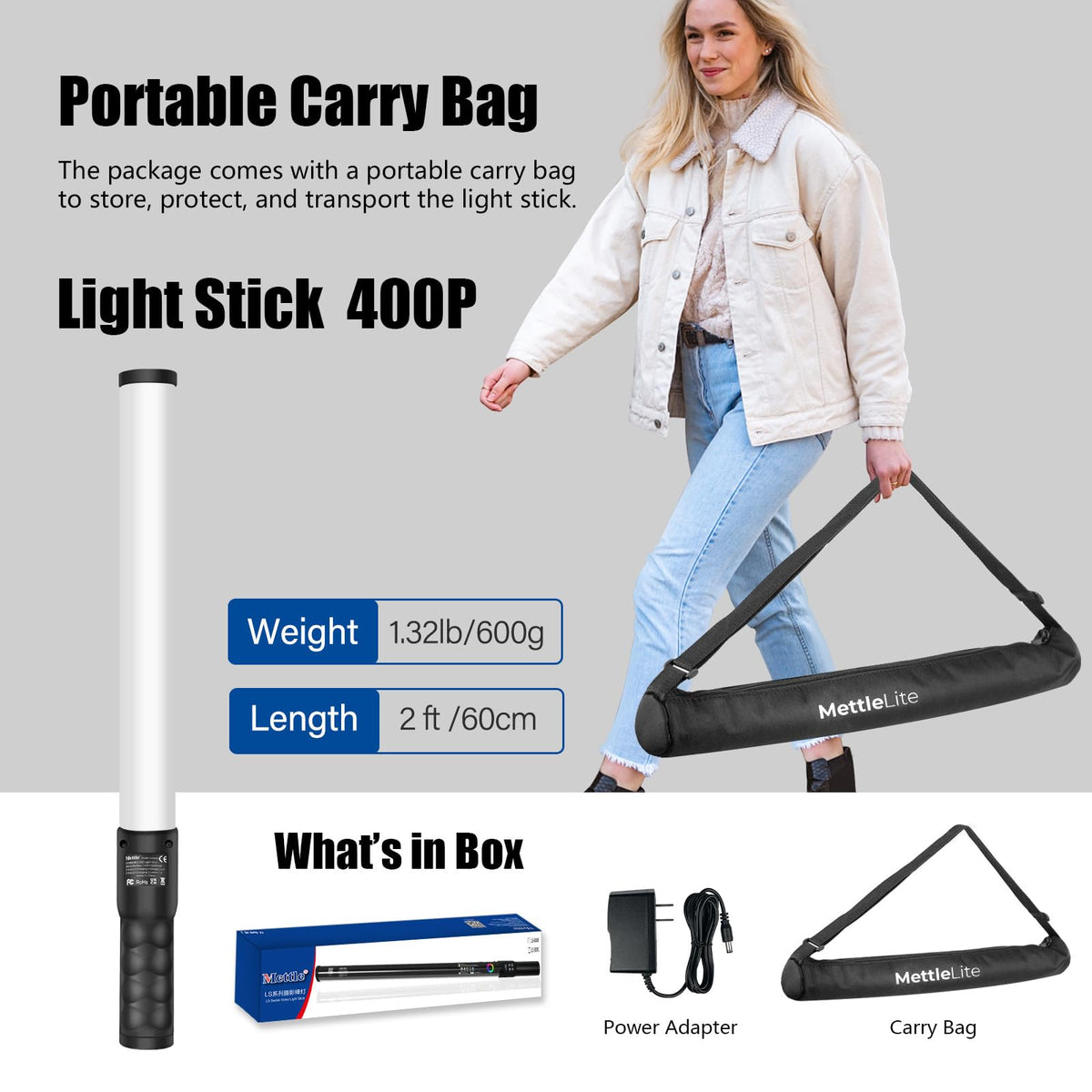 Mettlelite LS800C RGB LED Light Stick Full Color Continuous Output Video Light 3.2 ft with APP Control 2800K-8000K CRI96 TLCI 97 RGB CCT HSI Light Effects Built in Rechargeable Battery