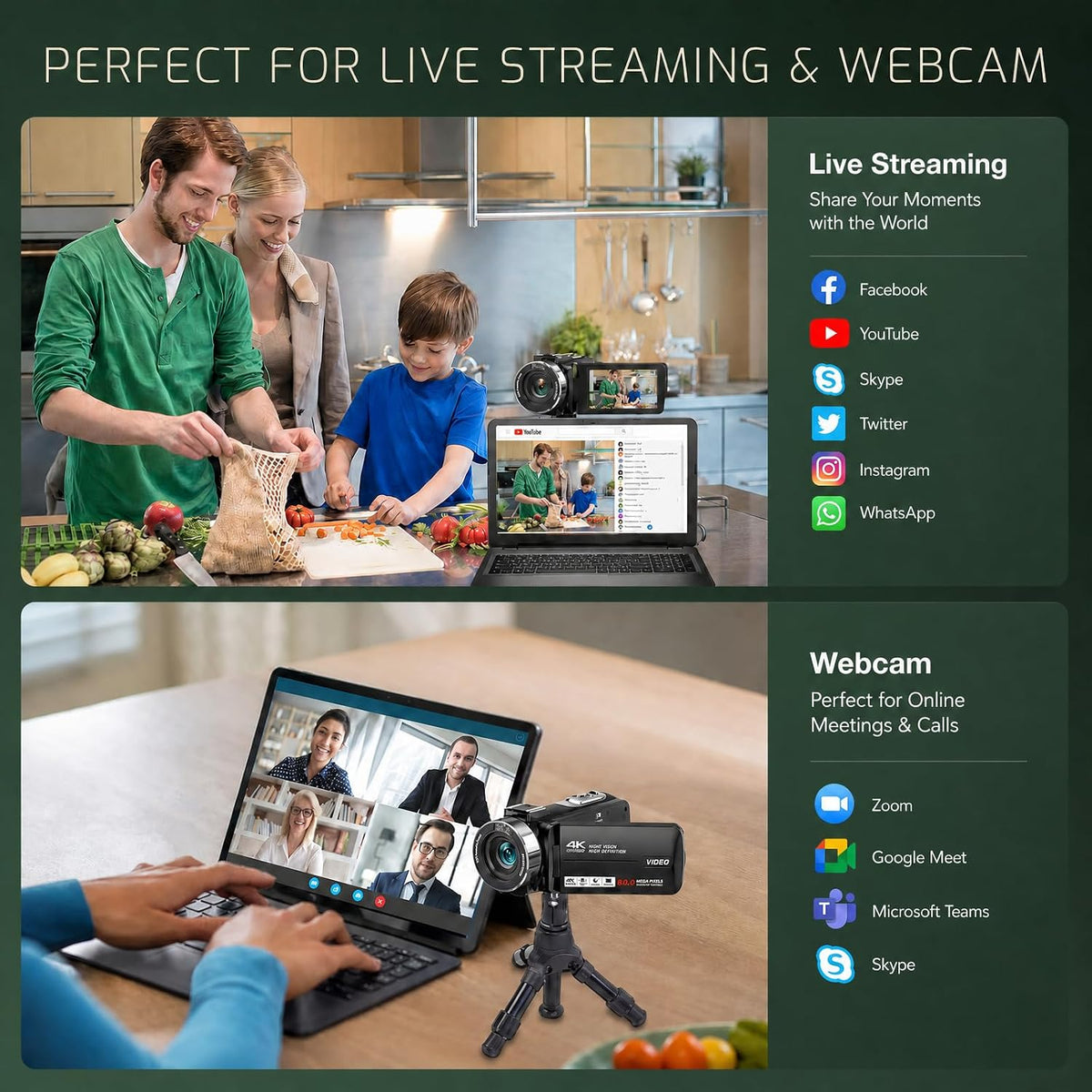 4K 80MP Camcorder Video Camera 18X Zoom Vlogging Camera for YouTube Webcam