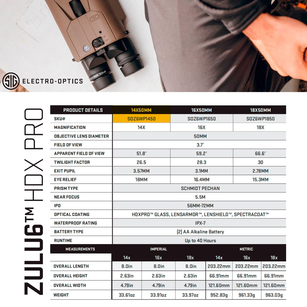 SIG SAUER ZULU6 HDX PRO 16x50mm FDE Image Stabilized Binoculars