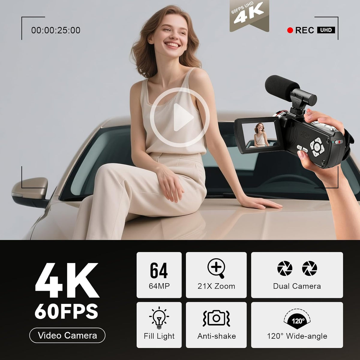 4K Wedding Camcorder, 64MP UHD Vlogging Camera with Wireless Lavalier Microphone, 120Â° Wide Angle 18X Digital Zoom, Remote, 64GB Card & 2 Batteries, for Family Wedding Memories