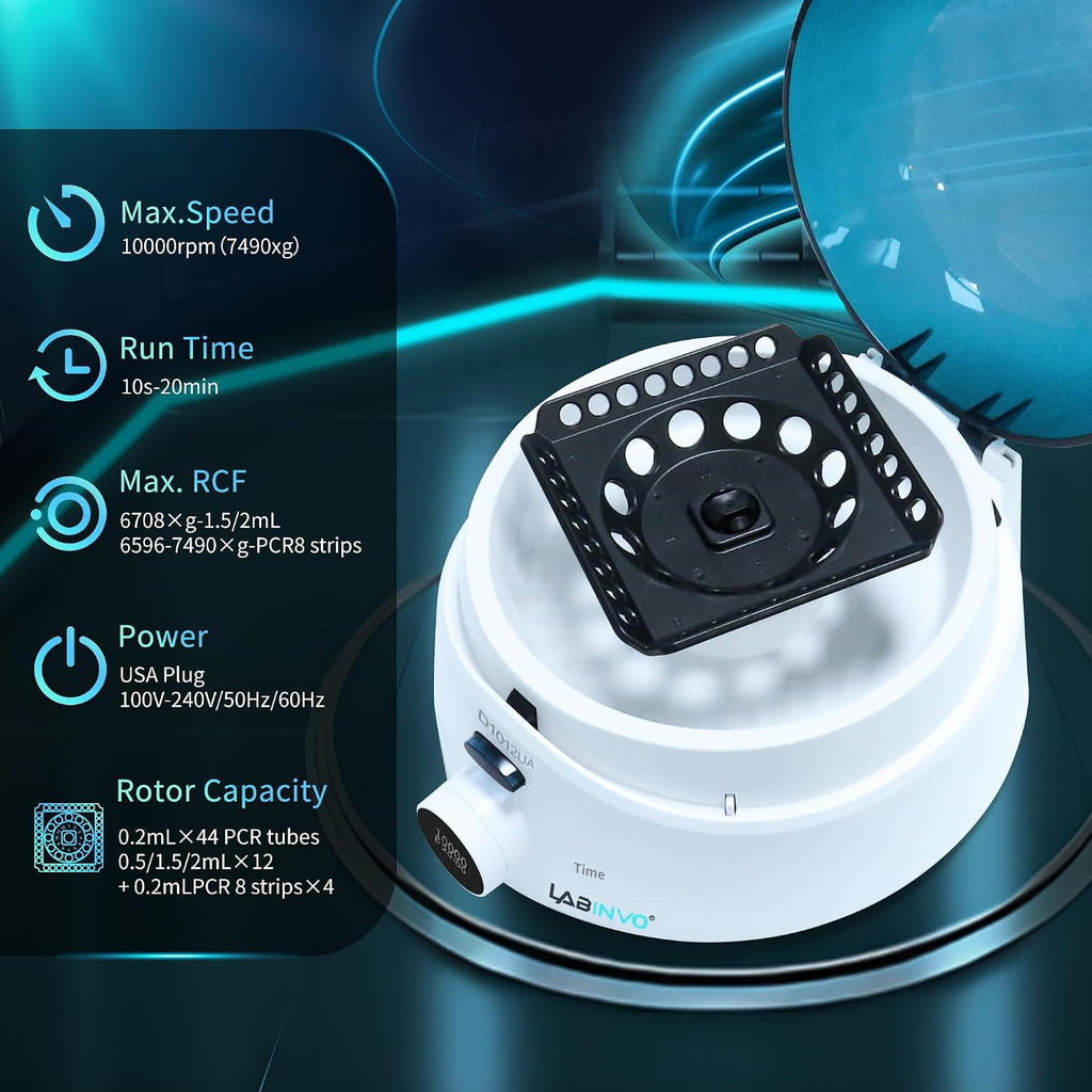 Mini Centrifuge Machine, 10000RPM, OLED Display High Speed Lab Benchtop Centrifuges, 3-in1 Rotor for 0.5/1.5/2mL Tubes, and 4ÃPCR8 Strips, 0.2mLÃ44 PCR Tubes, IN-CEN001