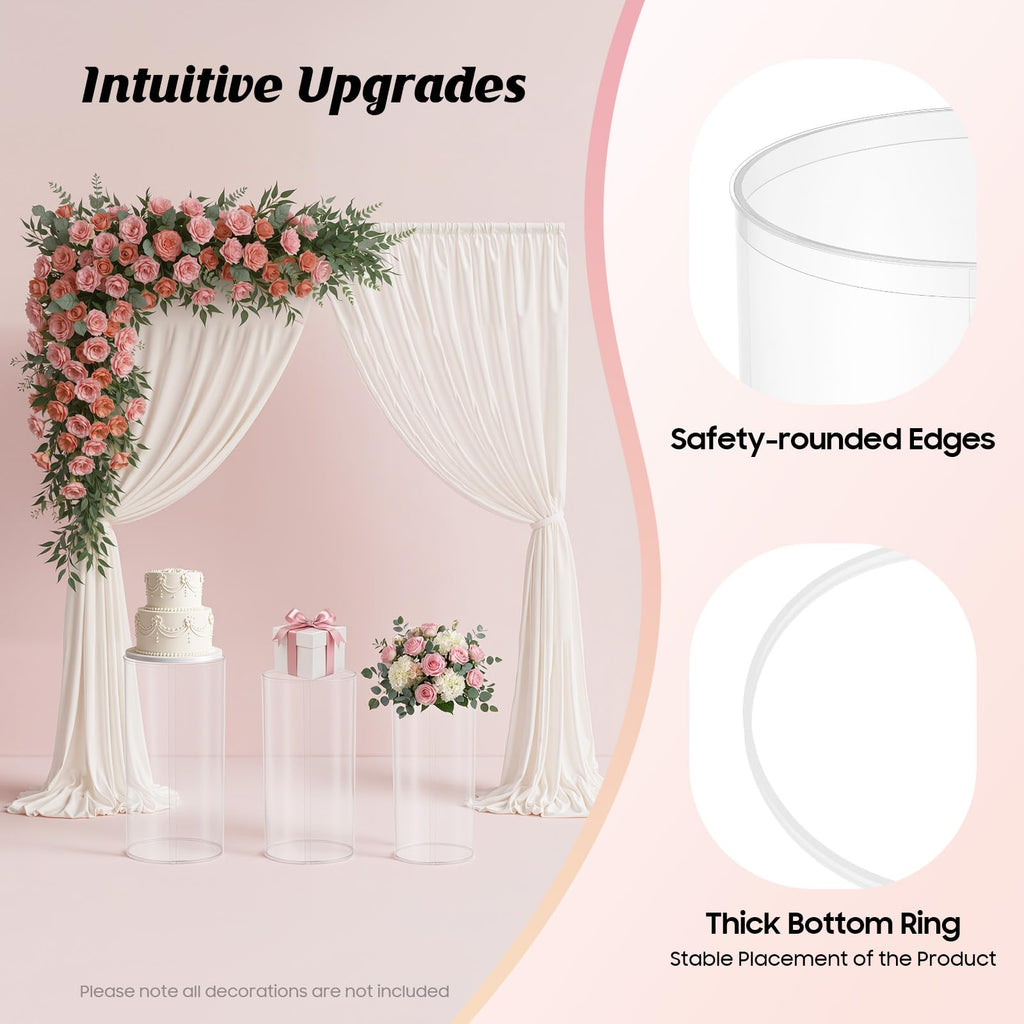 3Pcs Cylinder Pedestal Stand, PVC Acrylic Round Cylinder Stands for Party Decor 23.6 + 29.5 + 35.4 Inch Tall Cylinder Stand Pedestal Display for Birthday Wedding Party, White