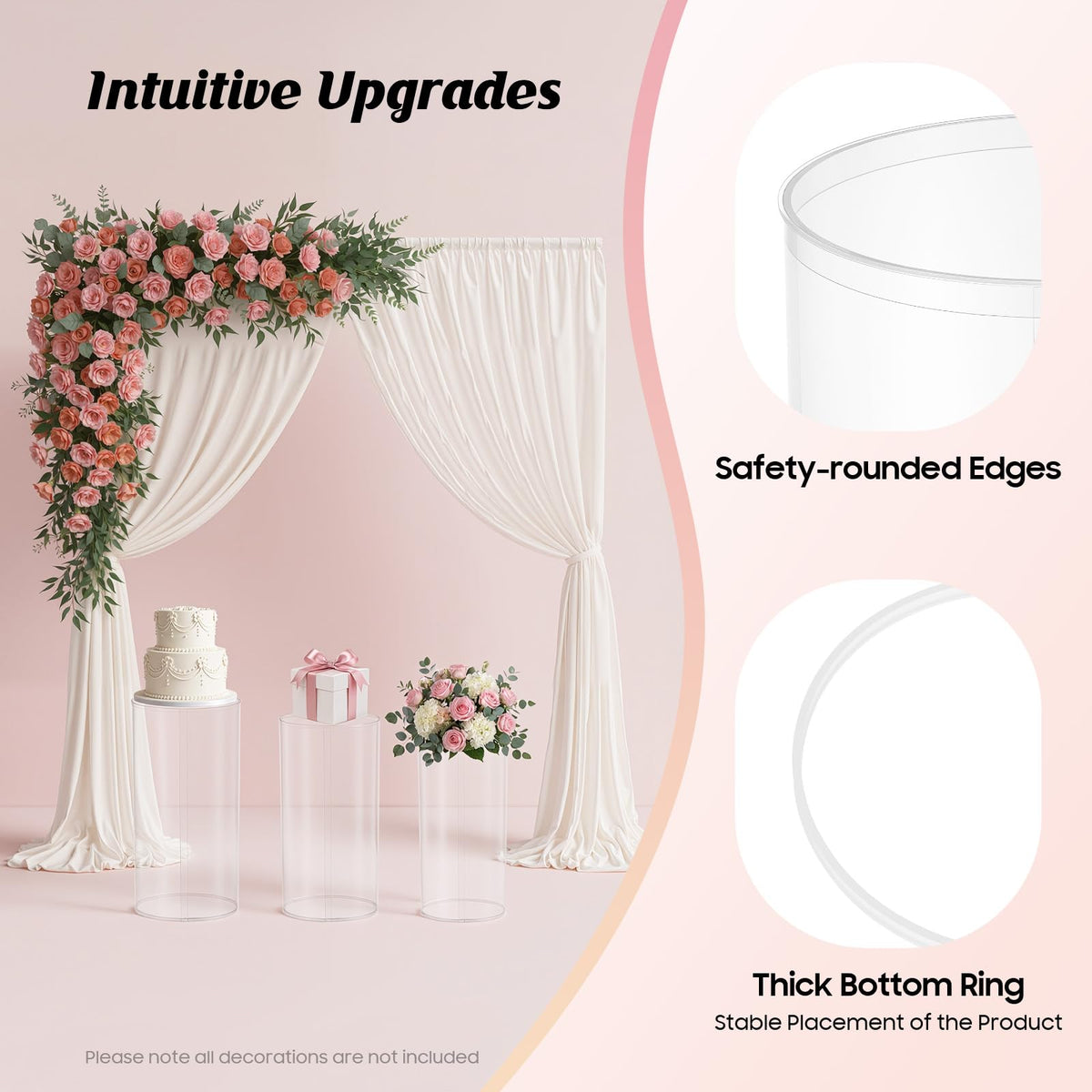 3Pcs Cylinder Pedestal Stand, PVC Acrylic Round Cylinder Stands for Party Decor 23.6 + 29.5 + 35.4 Inch Tall Cylinder Stand Pedestal Display for Birthday Wedding Party, White