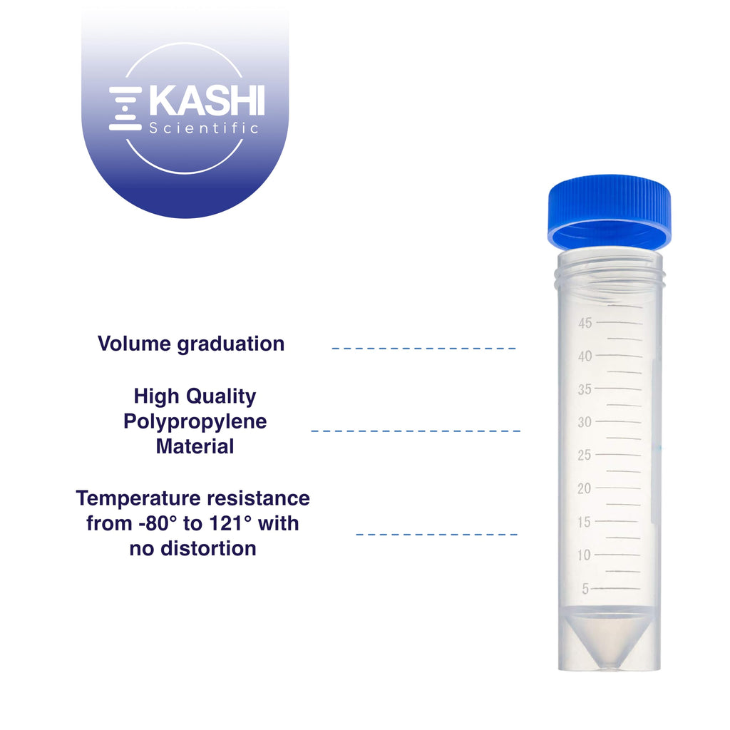 Kashi Scientific 50mL Self Standing Centrifuge Tubes with Screw Cap Lid, Lab Grade Polypropylene Plastic, Skirted, Printed Graduation, Write-on Spot [50mL Self-Standing, 500]