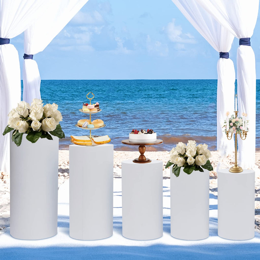 3Pcs Cylinder Pedestal Stand, PVC Acrylic Round Cylinder Stands for Party Decor 23.6 + 29.5 + 35.4 Inch Tall Cylinder Stand Pedestal Display for Birthday Wedding Party, White
