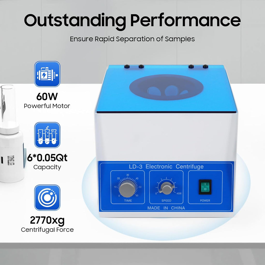 Electric Lab Centrifuge, 110V Mini Benchtop Centrifuge Machine 6x50 ml, with 0-60 min Timing Function and Adjustable 0-4000 r/min Speed